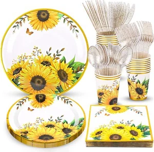Sunflower Party Supplies Set Plates Napkins Cups Cutlery for Birthday Shower - Picture 1 of 6