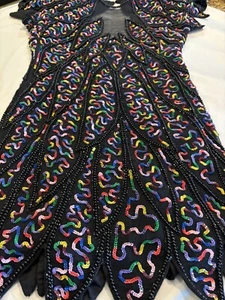 100% Silk Black Bead Sequin Keyhole Back Cocktail Dress Small Lined Needs Zipper - Picture 1 of 8