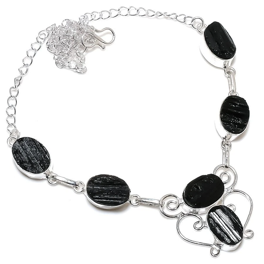 Black Tourmaline Gemstone Handmade 925 Sterling Silver Jewelry Necklace Size 18" - Image 1 of 1