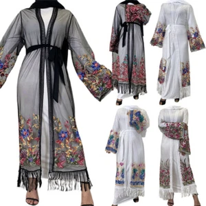 Embroidery Open Abaya Long Sleeve Cardigan Mesh Women Muslim Kimono Kaftan Arab - Picture 1 of 66