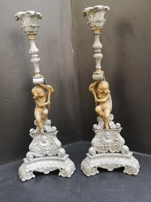 Paire grand bougeoirs régule Cherub Putti  Hauteur 43 cm idéal a monter en lampe - Photo 1/4