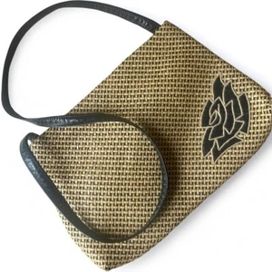 VTG 80s Reva wicker and leather woven clutch handbag floral accent black tan - Picture 1 of 11