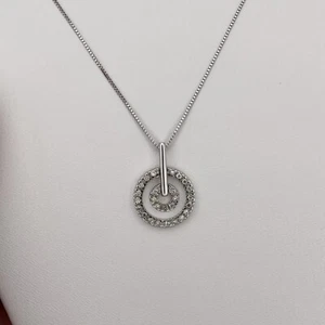 14k ITALIEN Weißgold Damen Doppelkreis 0,20ctw Diamant Anhänger Halskette 17" - Bild 1 von 4