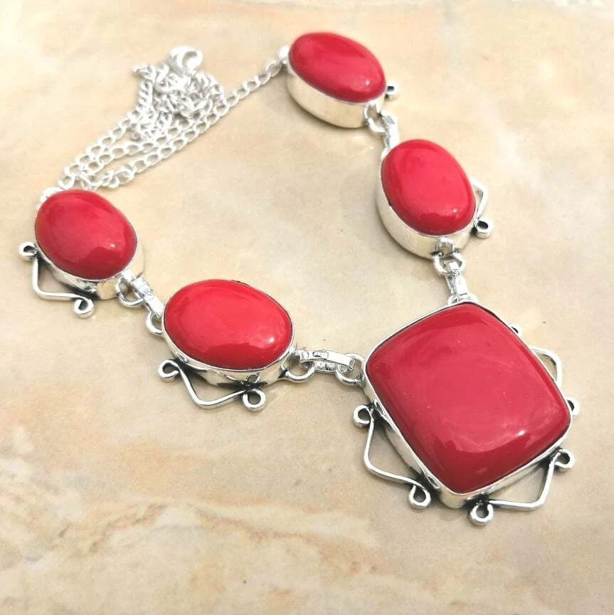 Handmade Corallo Rosso Diaspro Gemma 925 Argento Sterling Collana 15 " #N01770 - Immagine 1 di 1