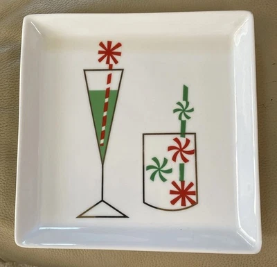 Crate Barrel Appetizer Plate Dish White Green 7.25” Square Red Green Christmas - Image 1 of 4