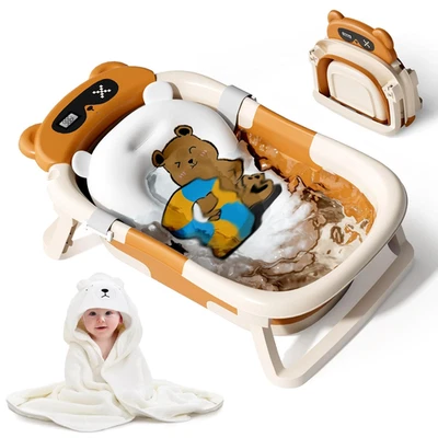 Faltbare Baby Badewanne mit weichem Handtuch und Schwimmkissen, Babybadewanne fo - Bild 1 von 4