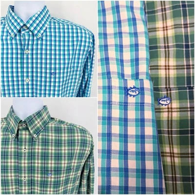 Lot of 2 Southern Tide Men's Medium Classic Fit Shirt Button Blue Green Check  - Image 1 of 4