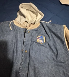 Vintage Disney Eeyore Cloudy & Gloomy Denim Hooded Varsity Jacket (XXL) - Picture 1 of 10