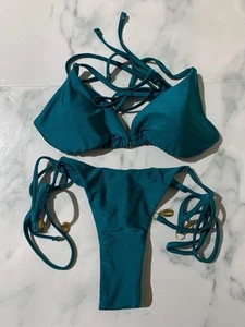 Women's Green Thong Bikini Set With Padded Top - Picture 1 of 3