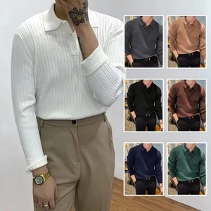 Men's Waffle Knit Polo Shirt - Lapel Texture Stretch Slim Fit Long Sleeve Top - Picture 1 of 17