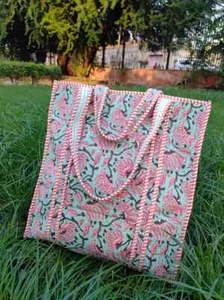 Hand Block Floral Printed Cotton Tote Bag, Sustainable Sturdy Tote Bag, Quilted - Picture 1 of 16