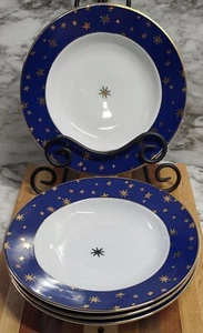 Galaxy by Sakura Blue Rim Shallow Soup Bowls 14k Gold Star Set of 4 Round... - Picture 1 of 11