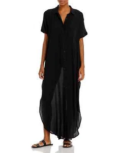 Aqua Womens Button Front Maxi Short Sleeve Swim Cover-Up Shirt, Black, M, XL - Picture 1 of 4