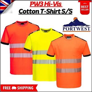 PORTWEST PW3 Hi Vis Cotton Comfort T-Shirt S/S Moisture wicking Safety Works Tee
