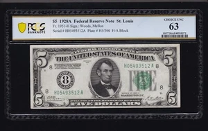 US 1928A $5 FRN St Louis Numeral "8" Note FR 1951-H PCGS 63 Ch CU (512) - Picture 1 of 2