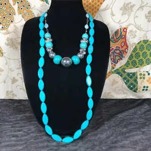 2 Necklace Lot Turquoise Dyed Howlite Chunky Beads Statement Jewelry Pair Set - Picture 1 of 8