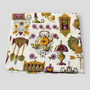 Vintage Fabric Material Rooster Flowers Farm Farmhouse Mid Century Cottagecore - Picture 1 of 10