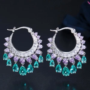 Pendientes colgantes de borla circular grande de cristal azul enchapados en plata de moda para damas - Imagen 1 de 8
