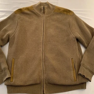 Orvis Jacket Sweater Mens Large Heavy Knit Suede Shoulder Trim Tan 31TH EUC 👀🔥 - Picture 1 of 11