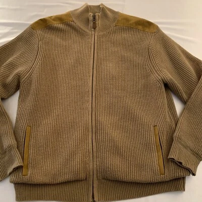 Orvis Jacket Sweater Mens Large Heavy Knit Suede Shoulder Trim Tan 31TH EUC 👀🔥 - Image 1 of 4