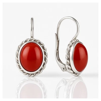 Orecchini pendenti in argento 925 rodiato con cabochon di corallo rosso naturale - Immagine 1 di 4