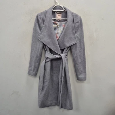Abrigo Ted Baker Kikiieo Gris Cachemira Lana Envolvente Cinturón Largo Midi Talla 3 UK 12 Foto 1 de 4