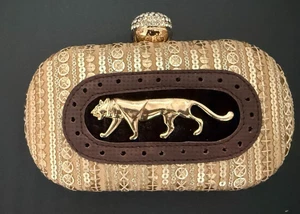 Sabyasachi emblemed minaudière clutch bag in gold embroidered sequined fabric. - Picture 1 of 4