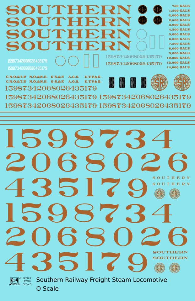 K4 O Scale Decals Southern Railway Freight Steam Locomotive Gold - Image 1 of 3