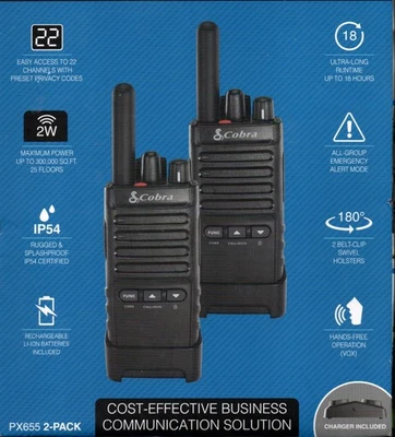 COBRA PX655 2-PACK 2W PRO BUSINESS RADIOS WALKIE TALKIE BRAND NEW SEALED - Image 1 of 2