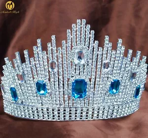Blue Crystal Miss Pageant Tiara Large Crown Clear Rhinestone Wedding Prom Party - Picture 1 of 8