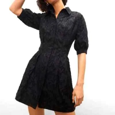 Club Monaco Mini Shirt Dress Black Floral Pleated Mesh Goth Dark Fairy Grunge - Image 1 of 4