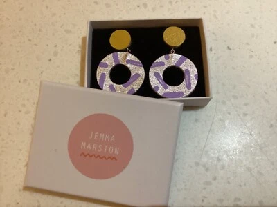 Jemma Marston painted leather circle drop stud earrings silver lilac mustard BN - Image 1 of 3