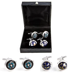 Travel Globe & Compass Traveler 2 Pairs Cufflinks Wedding Fancy Gift Box - Picture 1 of 8