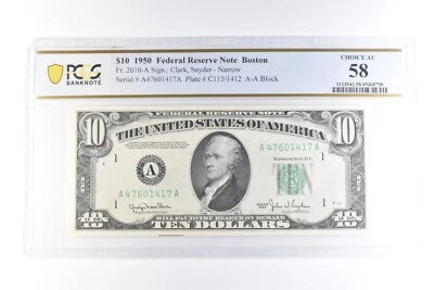 1950 $10 Boston MA FRN Fr#2010-A Choice AU 58 PCGS *6073 - Image 1 of 3
