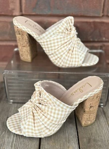 Lulu’s Sandals Size 5.5 Toffee & White Gingham Check Fabric Cork Heel Shoes Mule - Picture 1 of 14