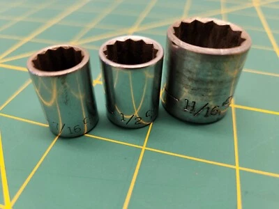Lot of 3 Used Craftsman =VV= Series Sockets 3/8 & 1/4 Drive 12pt 7/16 1/2 9/16 - Image 1 of 4