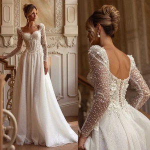 Wedding Dresses Beaded Applique A Line Layered Backless Long Sleeve Square Neck - Picture 1 of 20