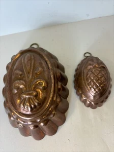 Menge 2 Vintage Ananas & Fleur-De-Lis Zinn Gefüttert Kupfer Kuchen Gelee Formen - Bild 1 von 11