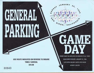 Super Bowl XXXII 32 pase de estacionamiento 1998 Denver Broncos vs Green Bay Packers Foto 1 de 2