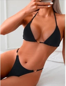 Swim Summer Beach Faux Pearl Embellished Triangle Bra & Swim Bottom Bikini Set B - Picture 1 of 20