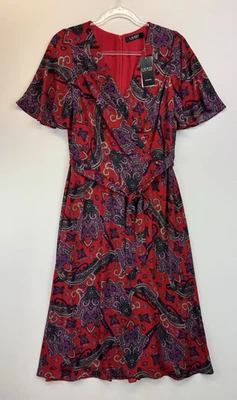NWT Lauren Ralph Lauren Red Paisley Bubble Crepe Georgette Dress Women's S/M 6 - Image 1 of 4