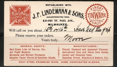 ILLUST.AD POSTAL CARD RED CROSS STOVES & RANGES  LINEMANN & SONS cds 1899 - Image 1 of 4