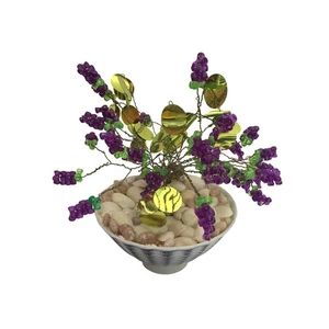 Vintage 50s Asian Beaded Wire Grape Cluster Bonsai Tree in Decorative Bowl - Picture 1 of 7