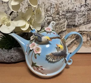 Pier 1 Imports Hand Painted Porcelain 3D Decorative Teapot Birds Flowers. New. - Picture 1 of 21