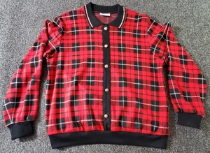Alfred Dunner Sweater Womens M Red Black Tartan Plaid Button Front USA Pullover - Picture 1 of 7