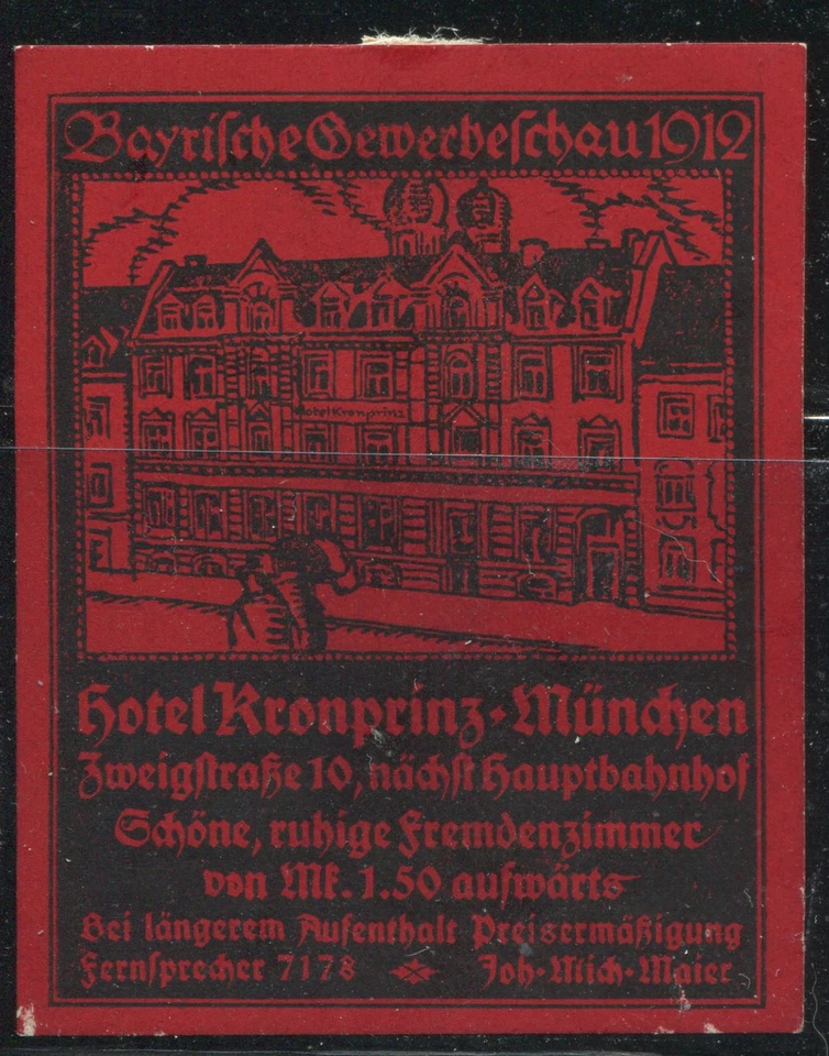 Germany Munich 1912 Hotel Kronprinz Bavarian Industrial Exhibition Ad Label - Image 1 of 1
