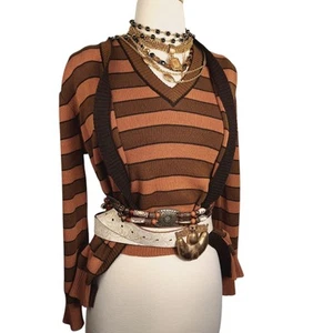 Conjunto de suéter de dos piezas vintage años 70 cárdigan + chaleco sin mangas para mujer XS pequeño a rayas - Imagen 1 de 6