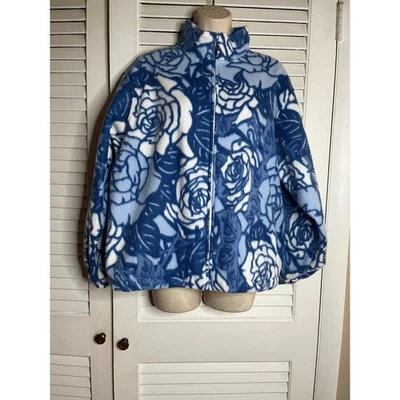 Alfred Dunner Petite Blue White Rose Floral Fleece Jacket Full Zip Cozy Warm - Image 1 of 4