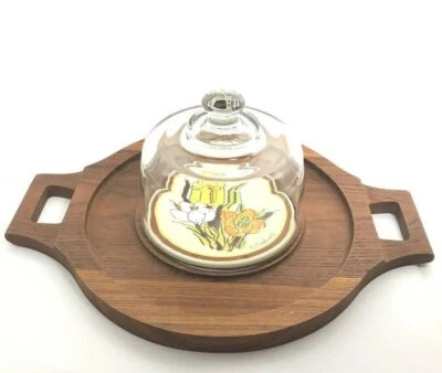 Bandeja redonda para servir galletas de queso Goodwood vintage cúpula de vidrio teca genuina Foto 1 de 4
