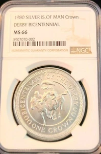 1980 ISLE OF MAN SILVER CROWN DERBY BICENTENNIAL NGC MS 66 SCARCE GEM BU BEAUTY - Picture 1 of 5